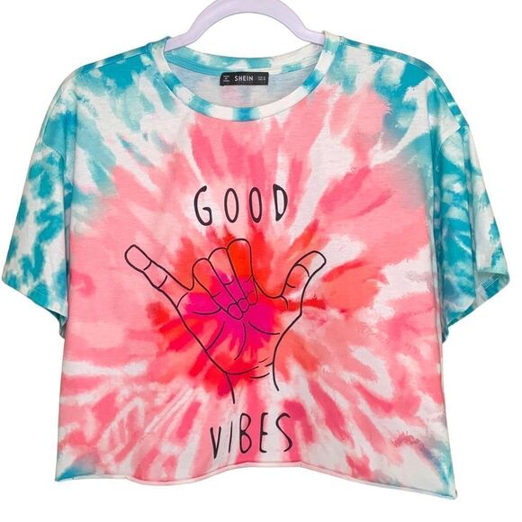 Shein Women’s Good Vibes Tie Dye Graphic Print Cropped Cotton Top Size Medium - Picture 1 of 5